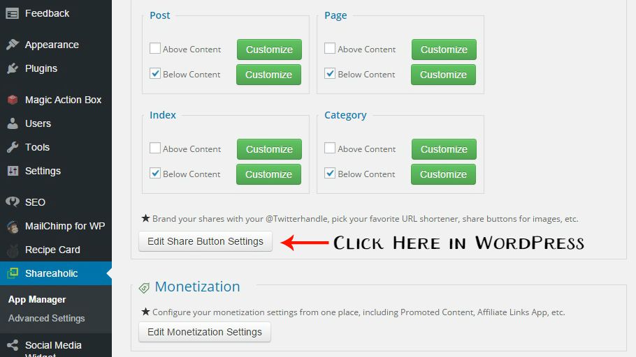 First, go into Shareaholic's settings...
