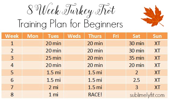 8 Week Turkey Trot Training Plan for Beginners, plus tips for training for your first turkey trot!