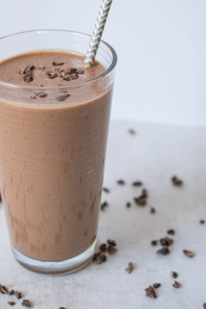A healthy smoothie with the yummy flavors of peanut butter cups and strawberries.